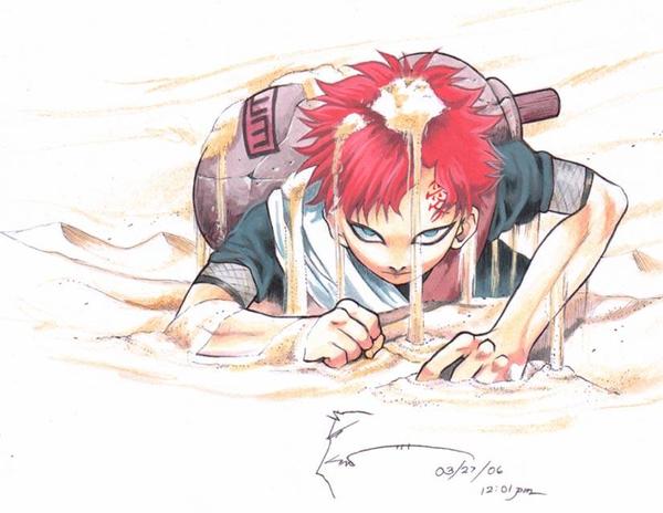 1boy 2006 black_eyeshadow blue_eyes dated dominic_ian_cabatit eyeshadow fishnet_top fishnets forehead_tattoo gaara_(naruto) geokinesis gourd hands_on_ground looking_at_viewer makeup male_focus naruto_(classic) naruto_(series) on_ground red_hair sand sash short_hair short_sleeves solo timestamp