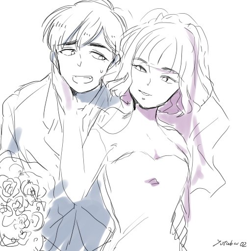 10s 1boy 1girl bouquet bridal_veil dobusu_(osomatsu-san) dress flower hand_on_another&#039;s_face hand_on_own_hip looking_at_another matsuno_karamatsu monochrome osomatsu-kun osomatsu-san osomatsu_(series) sketch spot_color sweatdrop tuxedo twitter_username upper_body veil wavy_hair wedding_dress yotsuba_(mayuge83)