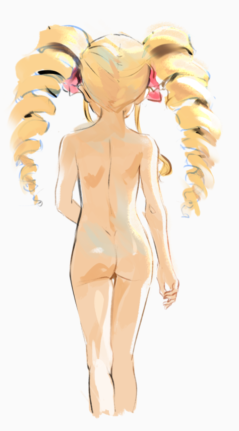 1girl ass beatrice_(re:zero) blonde_hair butterchalk commentary cropped_legs drill_hair english_commentary from_behind loli long_hair nude re:zero_kara_hajimeru_isekai_seikatsu simple_background sketch solo twin_drills white_background