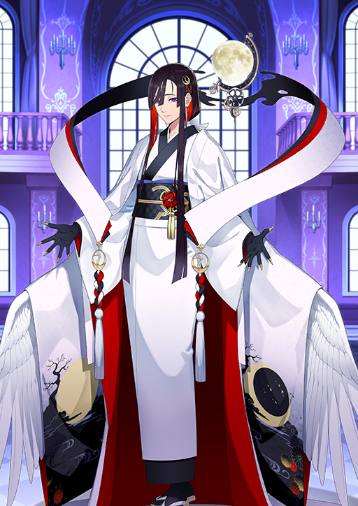 1girl black_boots black_sash black_skin black_socks blunt_sidelocks boots brown_hair claws closed_mouth colored_extremities colored_inner_hair colored_skin fate/grand_order fate_(series) feathered_wings full_body full_moon game_cg geta hagoromo hair_ornament hair_over_one_eye hair_ribbon hands_up japanese_clothes kimono light_smile long_hair long_sidelocks long_sleeves looking_at_viewer low_ponytail miss_crane_(fate) miss_crane_(third_ascension)_(fate) moon multicolored_hair obi obiage obijime official_art outstretched_hand ponytail print_kimono purple_eyes red_hair ribbon sash shaka_p shawl sidelocks socks solo standing tabi tassel third-party_source two-sided_fabric variant_set very_long_sidelocks white_kimono white_ribbon white_wings wide_sleeves wings