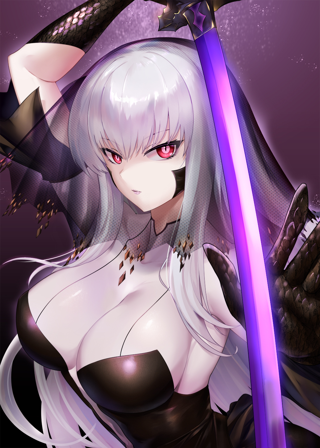 1girl arm_up armpits black_dress black_gloves black_veil blade_(brown_dust) breasts brown_dust_(series) brown_dust_2 cleavage closed_mouth dress dtcy elbow_gloves eyebrows_hidden_by_hair full_body gloves glowing glowing_sword glowing_weapon hair_between_eyes highres holding holding_sword holding_weapon large_breasts lipstick long_hair looking_at_viewer makeup purple_background red_eyes scale_print simple_background slit_pupils sword upper_body veil very_long_hair weapon white_hair