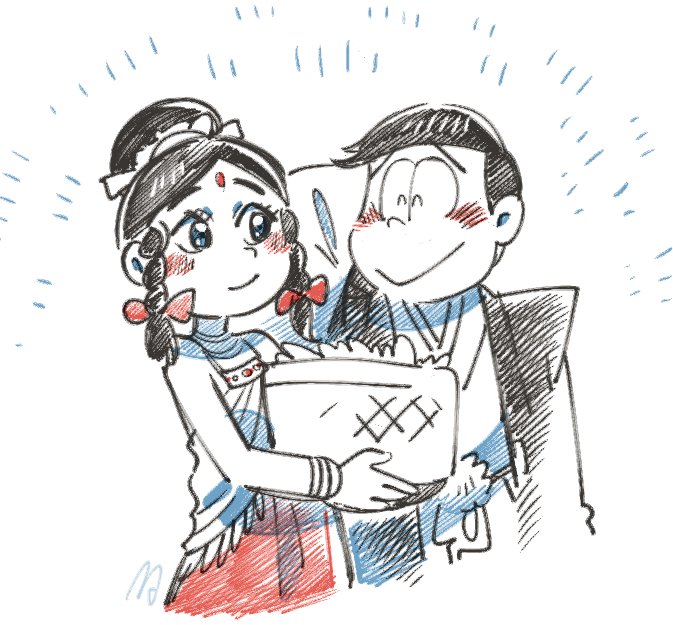 10s 1boy 1girl :&gt; arm_behind_head bad_id bad_twitter_id basket black_hair blush braid dayoon_girl forehead_jewel japanese_clothes m0da matsuno_choromatsu osomatsu-kun osomatsu-san osomatsu_(series) sketch smile twin_braids wedding