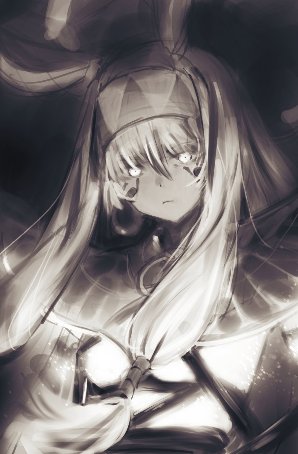 1girl animal_ears doka_yuki_(tsumorisugi) expressionless facial_mark fate/grand_order fate_(series) glowing_skin highres jackal_ears long_hair looking_at_viewer monochrome nitocris_(fate) nitocris_alter_(fate) sketch solo upper_body