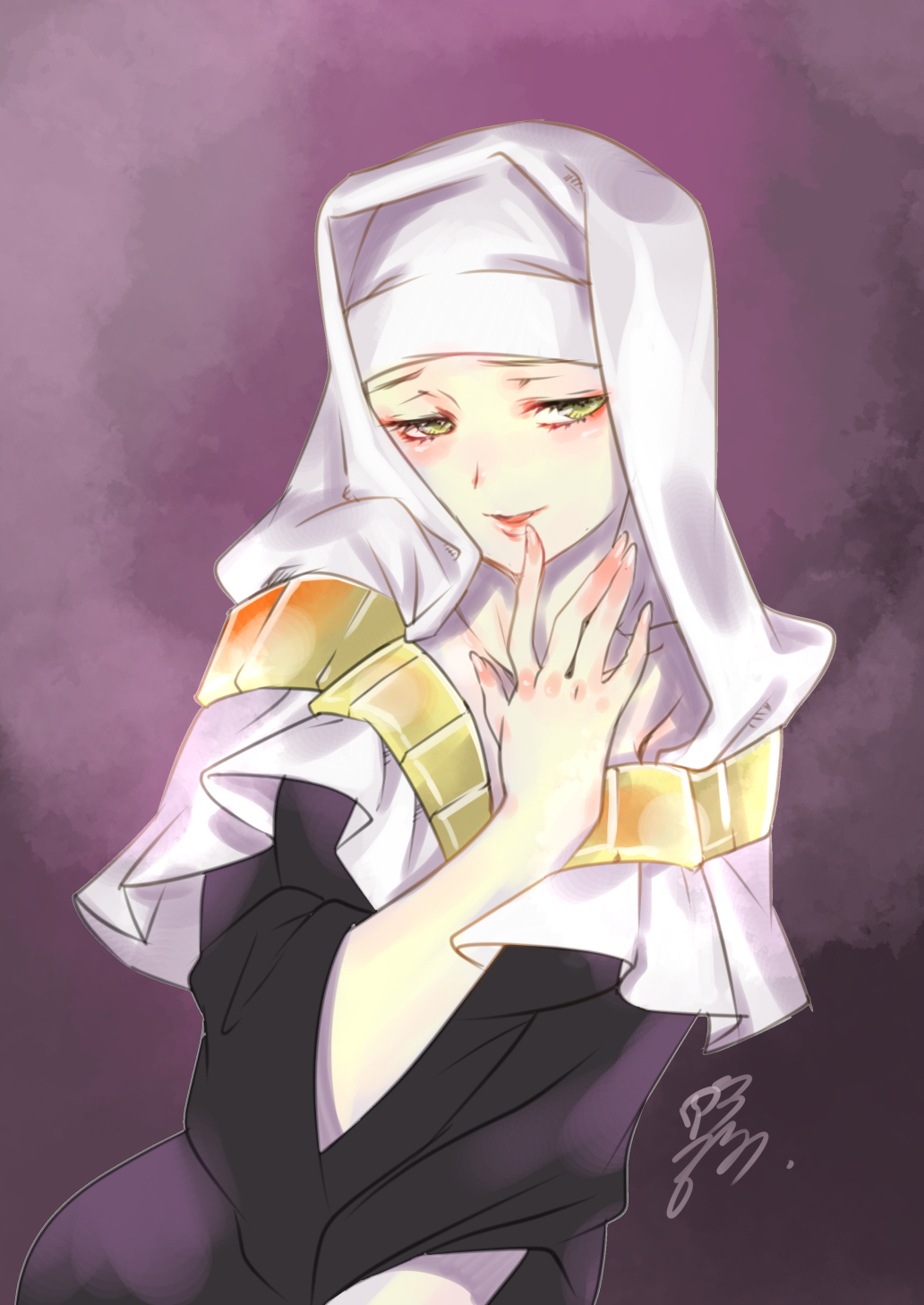 1girl black_dress blush buddhist_nun dress fate/grand_order fate_(series) gold_necklace highres jewelry looking_at_viewer necklace nun sessyoin_kiara shikidouji solo yellow_eyes