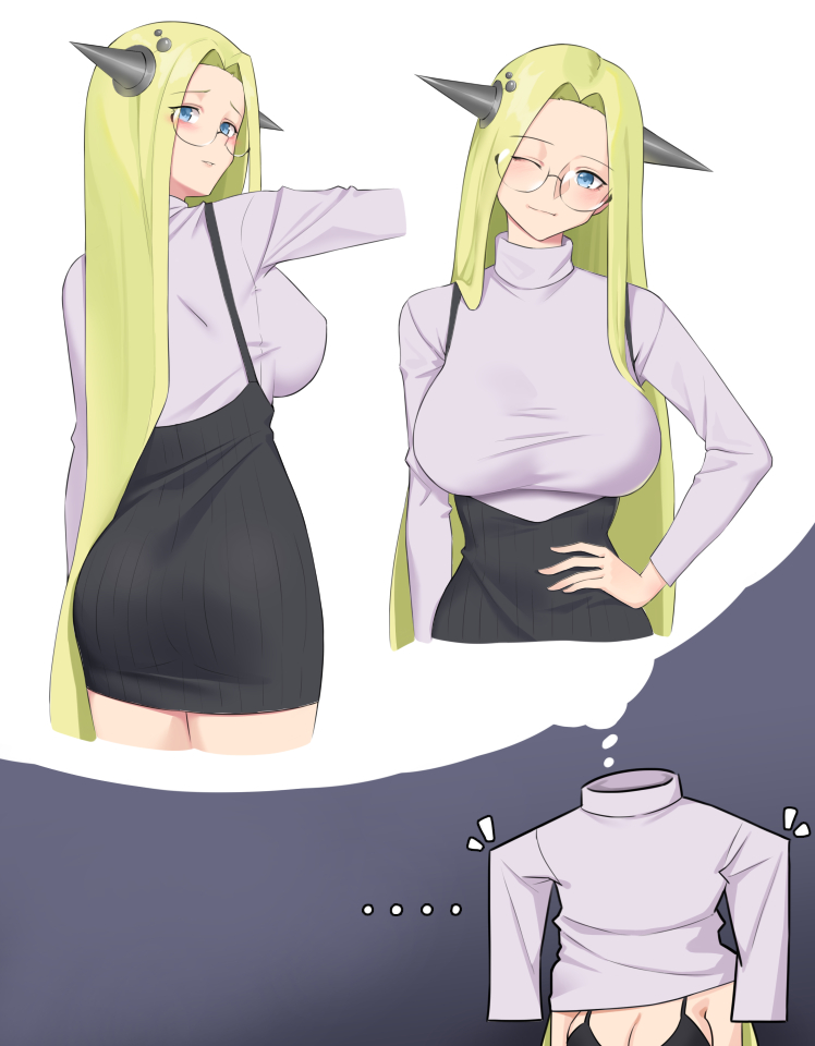 ... 1girl ;) ass black_bra black_skirt blonde_hair blue_eyes blush bra glasses hand_on_own_hip head_tilt horns inconvenient_horns kiji_711 last_origin long_hair long_sleeves looking_at_viewer miniskirt one_eye_closed ribbed_skirt round_eyewear skirt smile speech_bubble suspender_skirt suspenders sweater taut_sweater thought_bubble turtleneck turtleneck_sweater underwear very_long_hair wardrobe_malfunction white_sweater wraithy_(last_origin)