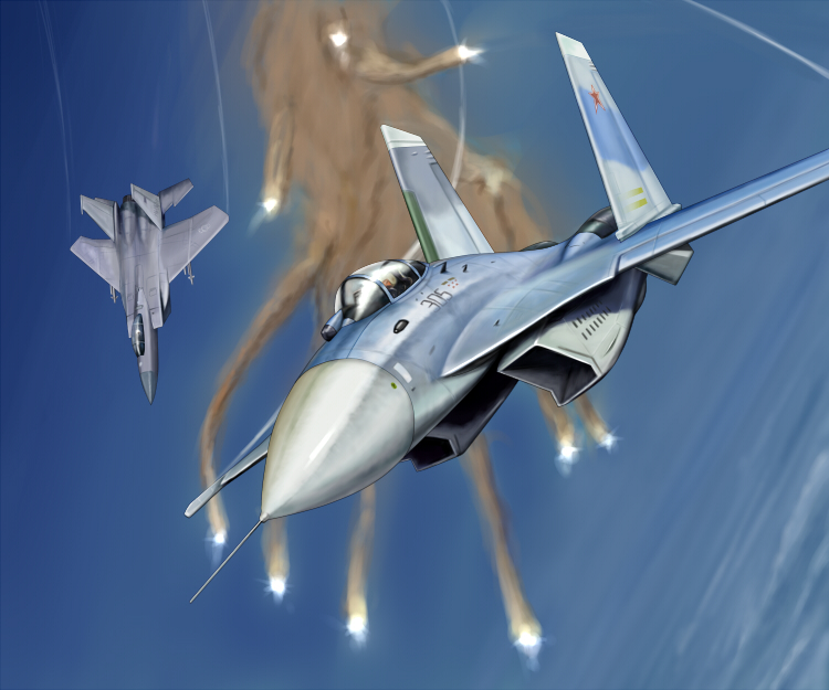 1boy aerial_battle air-to-air_missile aircraft airplane battle dogfight f-15_eagle fighter_jet flares_(countermeasure) flying kcme military military_vehicle original pilot sky soviet_air_force su-27 united_states_air_force vehicle_focus