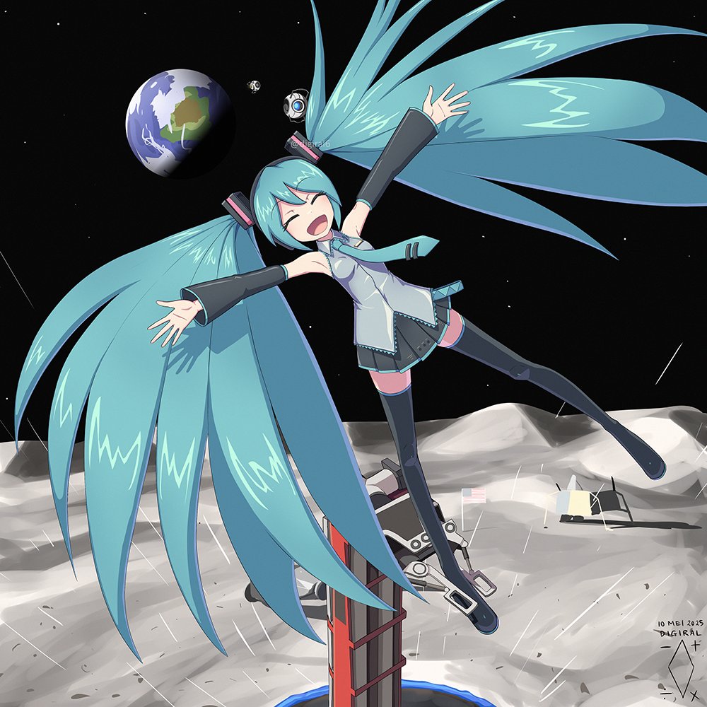 :d american_flag aqua_hair aqua_necktie artist_logo artist_name black_boots black_skirt black_sleeves boots closed_eyes collared_shirt commentary crossover dated detached_sleeves digiral earth_(planet) english_commentary flag floating floating_hair full_body grey_shirt hair_ornament hatsune_miku logo long_hair long_sleeves miniskirt moon necktie open_mouth outstretched_arms personality_core planet pleated_skirt portal portal_(object) portal_(series) portal_2 shirt skirt sleeveless sleeveless_shirt smile space space_core star_(sky) thigh_boots thighhighs twintails very_long_hair vocaloid wheatley zettai_ryouiki