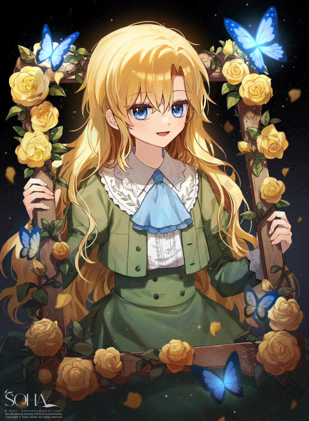1girl blonde_hair blue_butterfly blue_eyes bug butterfly commentary_request dress embroidery flower frilled_shirt_collar frills green_dress hair_between_eyes highres holding holding_picture_frame ib_(kouri) insect long_hair long_sleeves looking_at_viewer mary_(ib) open_mouth parted_bangs petals picture_frame rose smile soha_blan solo yellow_flower yellow_rose