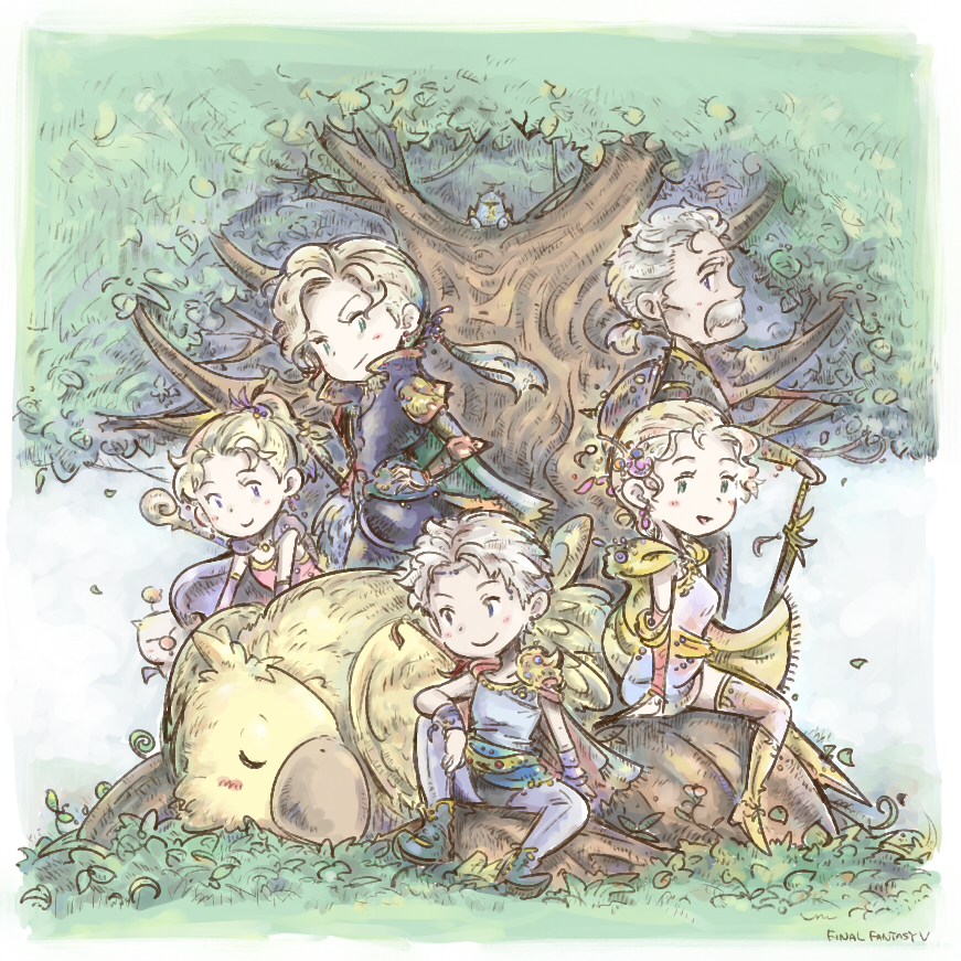1990s_(style) 2boys 3girls alternate_costume boco bartz_klauser chocobo exdeath faris_scherwiz final_fantasy final_fantasy_v galuf_halm_baldesion krile_mayer_baldesion_(ff5) lenna_charlotte_tycoon moogle multiple_boys multiple_girls shouta_(shbz) tina_branford tree