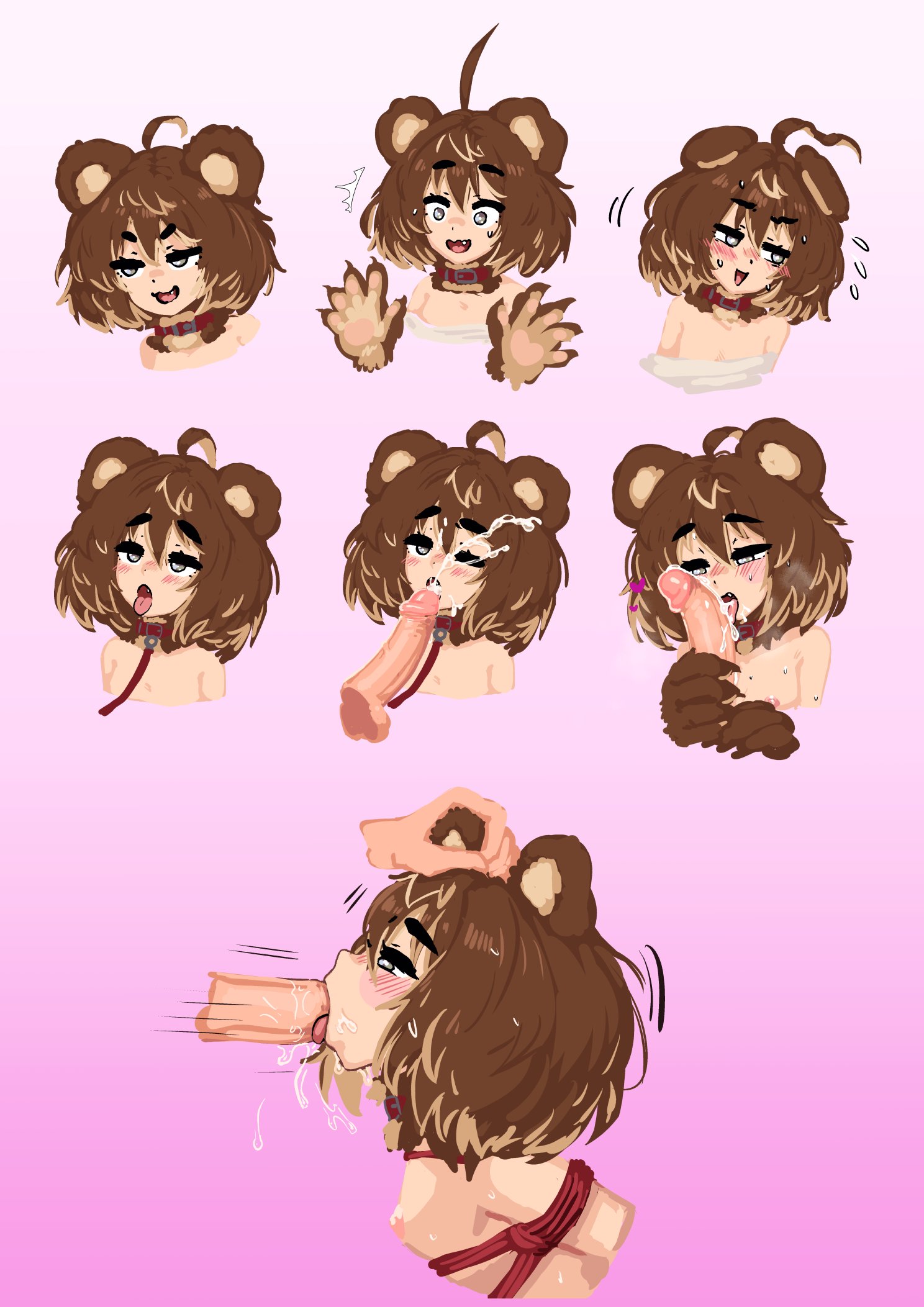 1boy 1girl :3 :d ^^^ ahoge animal_ears animal_hands arms_behind_back barb-tan barbariank bdsm bear_ears bear_girl bear_paws blonde_hair blush bondage bound box_tie breasts brown_hair collar commentary completely_nude cum cum_on_body disembodied_penis ejaculation english_commentary expressive_hair facial fang fellatio flustered flying_sweatdrops grabbing_another's_ear gradient_background grey_eyes hair_between_eyes hand_on_another's_ear hetero highres leash monster_girl multicolored_hair multiple_expressions multiple_views neck_fur nipples nose_blush nude off-shoulder_shirt off_shoulder one_eye_closed open_mouth oral original oversized_clothes oversized_shirt pawpads penis pink_background red_collar restrained shibari shirt short_hair simple_background slave small_breasts smile smug tongue tongue_out two-tone_hair wavy_mouth white_shirt wince