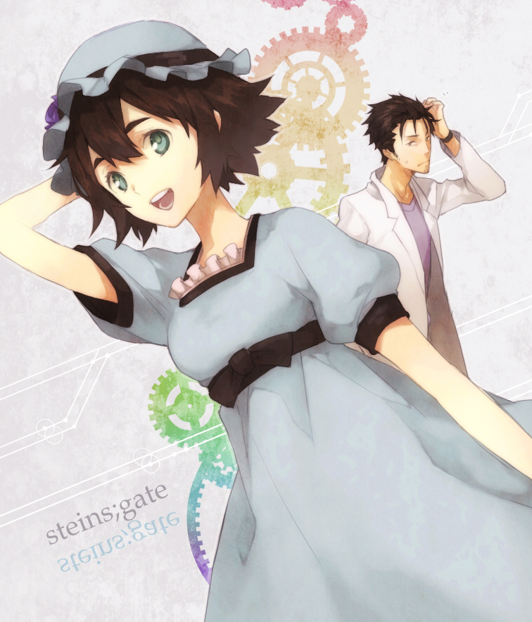1boy 1girl blue_dress blue_hat breasts coat commentary_request copyright_name dress facial_hair frown goatee_stubble hat mob_cap nakahara_(mu_tation) okabe_rintarou open_mouth puffy_short_sleeves puffy_sleeves shiina_mayuri short_sleeves small_breasts smile steins;gate stubble white_coat