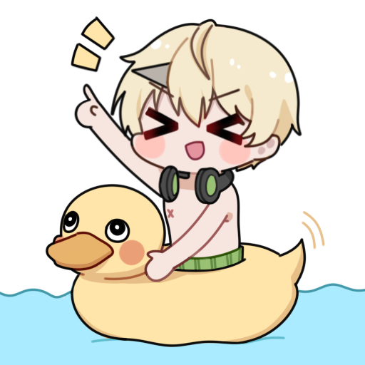 &gt;_&lt; 1boy alternate_costume blonde_hair chibi chibi_only chinese_commentary commentary_request duck_innertube euyueuy green_male_swimwear headphones headphones_around_neck kamui_(pgr) male_focus male_swimwear official_art open_mouth pointing pointing_up punishing:_gray_raven short_hair simple_background smile solo upper_body white_background