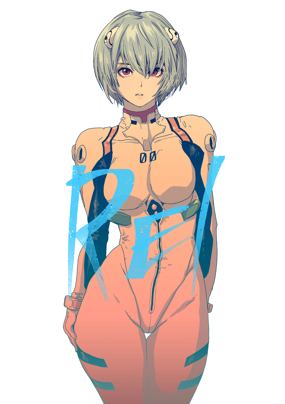 1girl arms_at_sides ayanami_rei blue_hair breasts butcherboy character_name hair_between_eyes highres interface_headset_(evangelion) looking_at_viewer mecha_pilot_suit medium_breasts neon_genesis_evangelion parted_lips plugsuit_(evangelion) red_eyes short-haired_girl_(osomatsu-san) short_hair simple_background solo thigh_gap thighs white_background