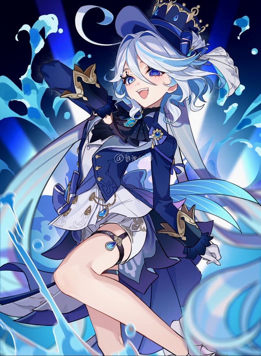 ascot asymmetrical_gloves black_ascot blue_ascot blue_brooch blue_gemstone blue_hair blue_hat blue_jacket bow cowlick drop-shaped_pupils furina_(genshin_impact) gem genshin_impact gloves hat heterochromia honlo hydro_symbol_(genshin_impact) jacket light_blue_hair mismatched_gloves mismatched_pupils multicolored_hair shorts symbol-shaped_pupils top_hat white_shorts white_trim