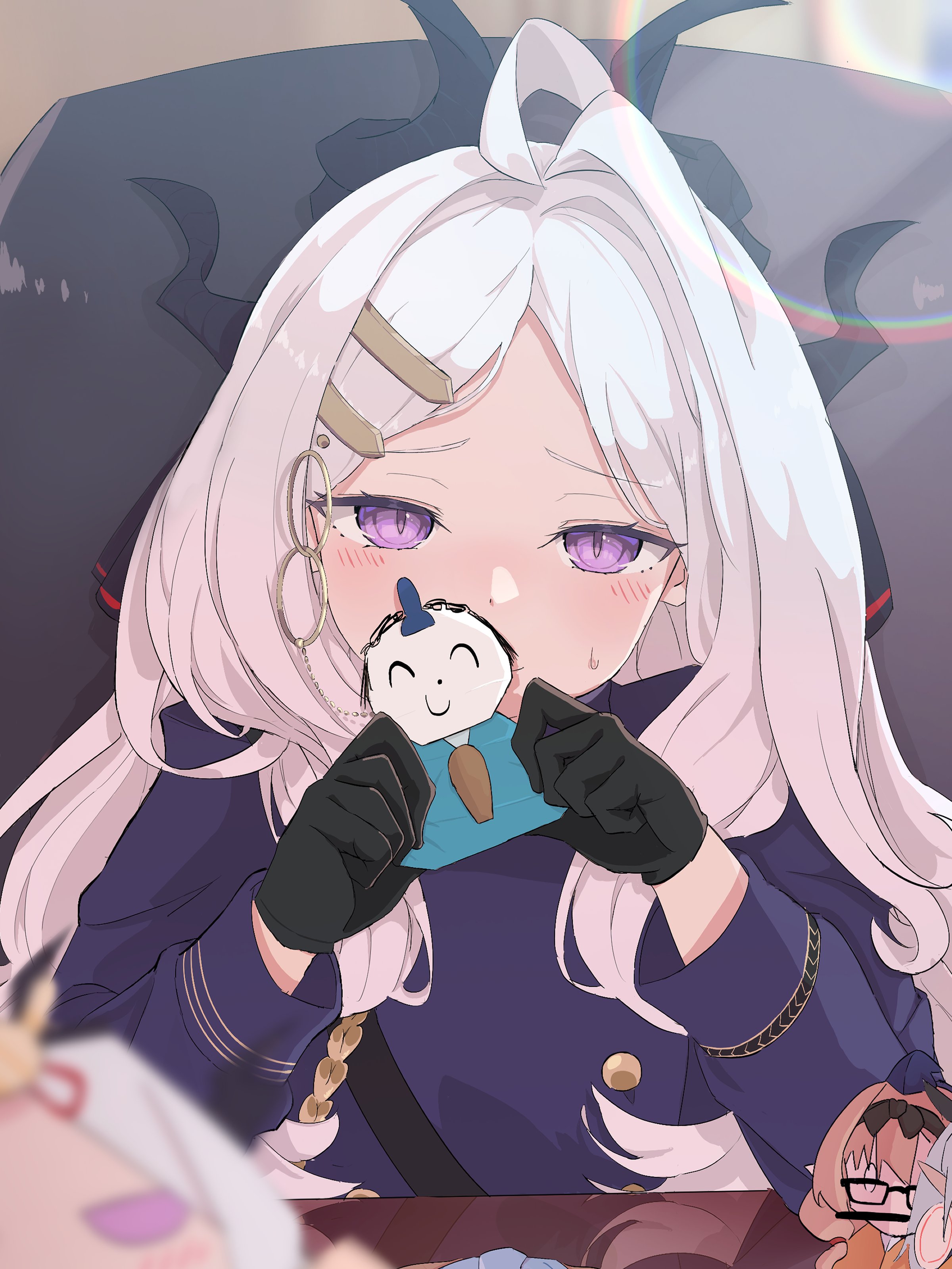 1girl absurdres ahoge ako_(blue_archive) black_gloves blue_archive blush breasts chinatsu_(blue_archive) coat demon_girl demon_horns doodle_sensei_(blue_archive) gloves hair_ornament hairclip highres hina_(blue_archive) hinamatsuri horns iori_(blue_archive) long_hair looking_at_viewer not_seven777 on_chair origami prefect_team_(blue_archive) purple_eyes sensei_(blue_archive) sitting small_breasts sunlight table white_hair