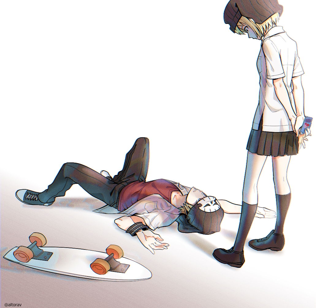 1boy 1girl altorav bito_daisukenojo bito_raimu black_footwear black_headwear black_pants black_skirt black_socks blonde_hair gradient_background kneehighs lying on_back pants red_shirt school_uniform shirt short_hair siblings skateboard skirt skullcap socks standing subarashiki_kono_sekai white_shirt wristband