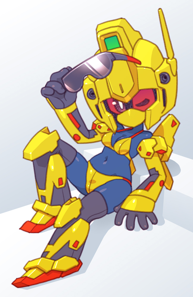 1girl bikini breasts cleavage full_body gundam hyaku_shiki looking_at_viewer mecha mobile_suit navel no_mouth one_eye_closed red_eyes robot robot_girl solo sunglasses susagane swimsuit yellow_bikini zeta_gundam