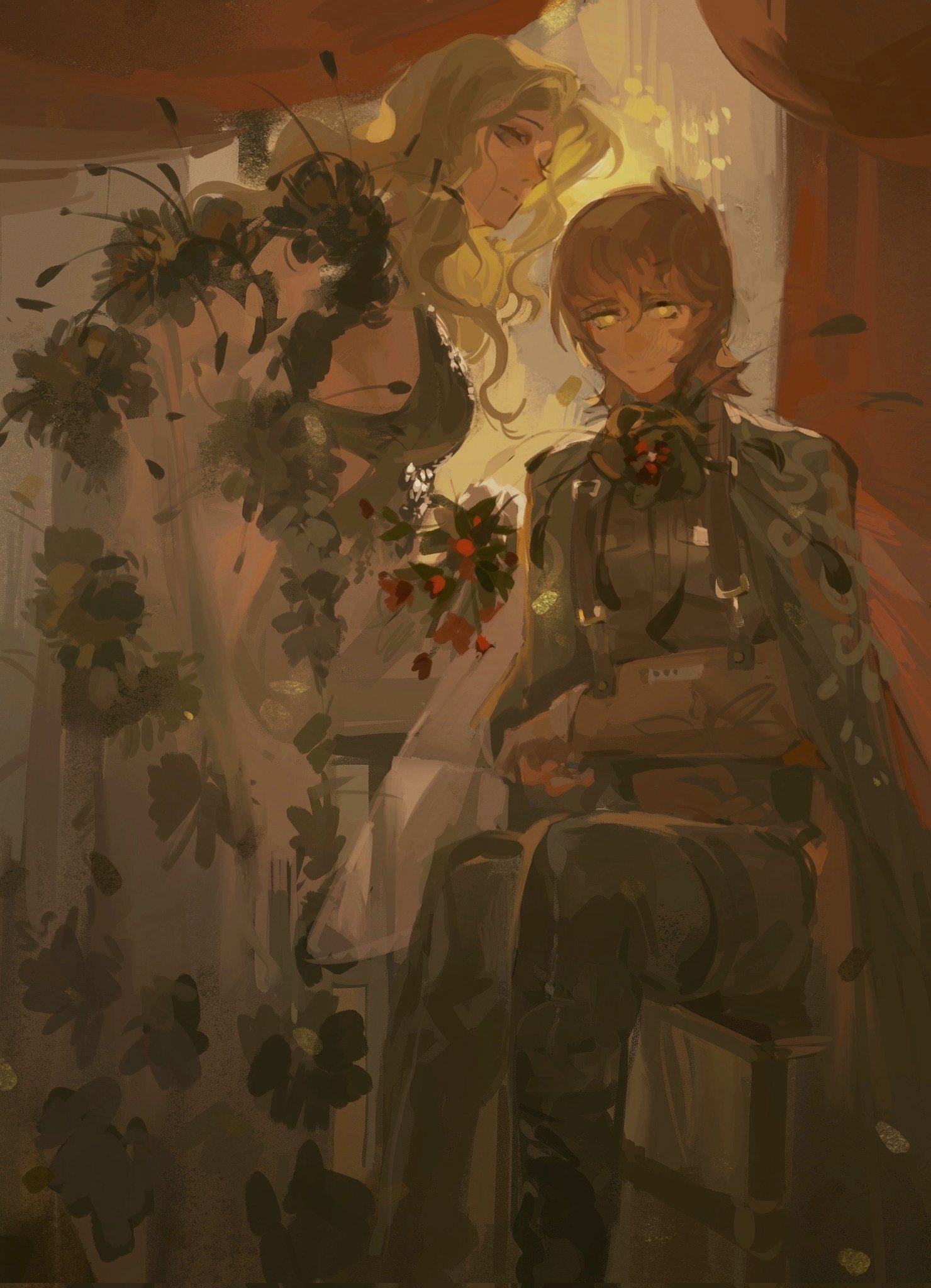 1boy 1girl arm_cast black_dress blonde_hair breasts brown_hair cast classicaloid closed_mouth curtains dress flower franz_liszt_(classicaloid) frederic_chopin_(classicaloid) hair_between_eyes highres indoors looking_at_viewer octahooves pants short_hair sideboob sitting yellow_eyes