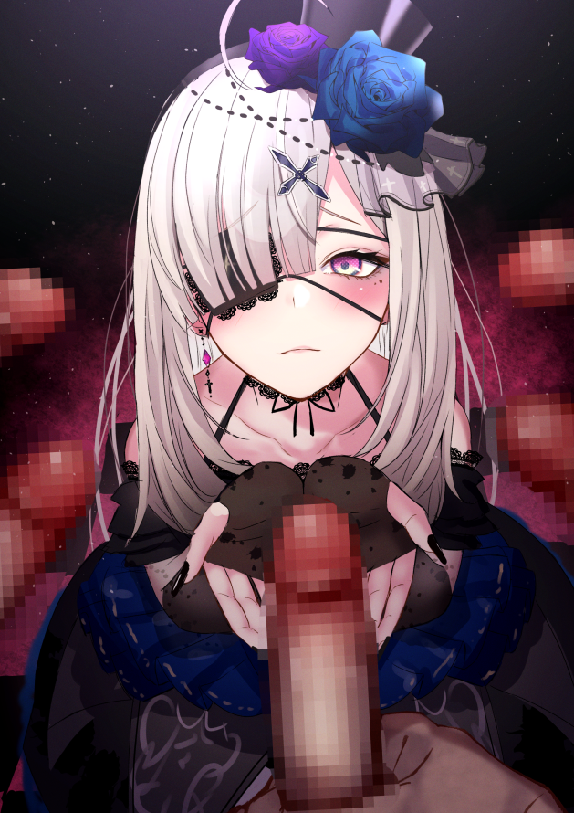 1girl 6+boys ahoge blush censored disembodied_penis dress eyepatch eyes_visible_through_hair grey_hair hair_ornament hair_over_one_eye hat hetero imminent_gangbang long_hair looking_at_viewer mini_hat mini_top_hat mole mole_under_eye multiple_boys nijisanji penis penis_on_face purple_eyes solo_focus sukoya_kana sukoya_kana_(2nd_costume) surrounded_by_penises top_hat twintails virtual_youtuber x_hair_ornament xwu