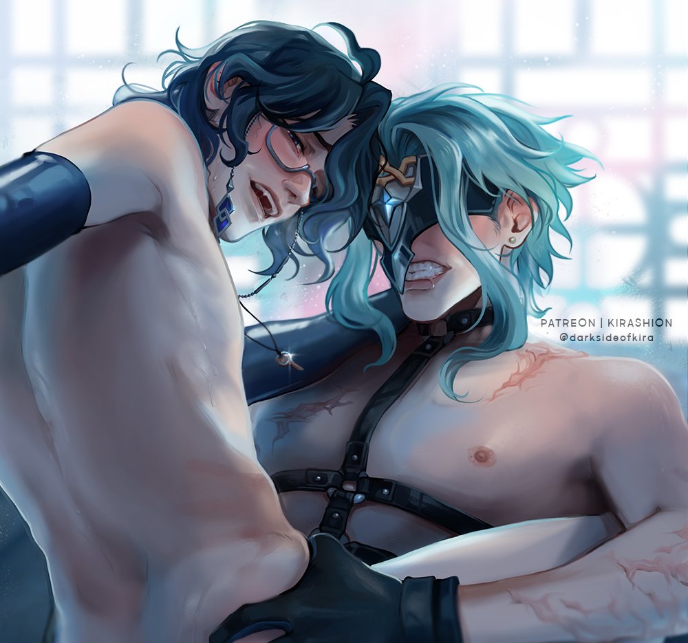 dottore (genshin impact), pantalone (genshin impact), genshin impact,  implied anal, artist request, 2boys, black hair, glasses, gloves, implied  sex, long hair, male focus, mask, multiple boys, nipples, scar, sweat, yaoi  - Image