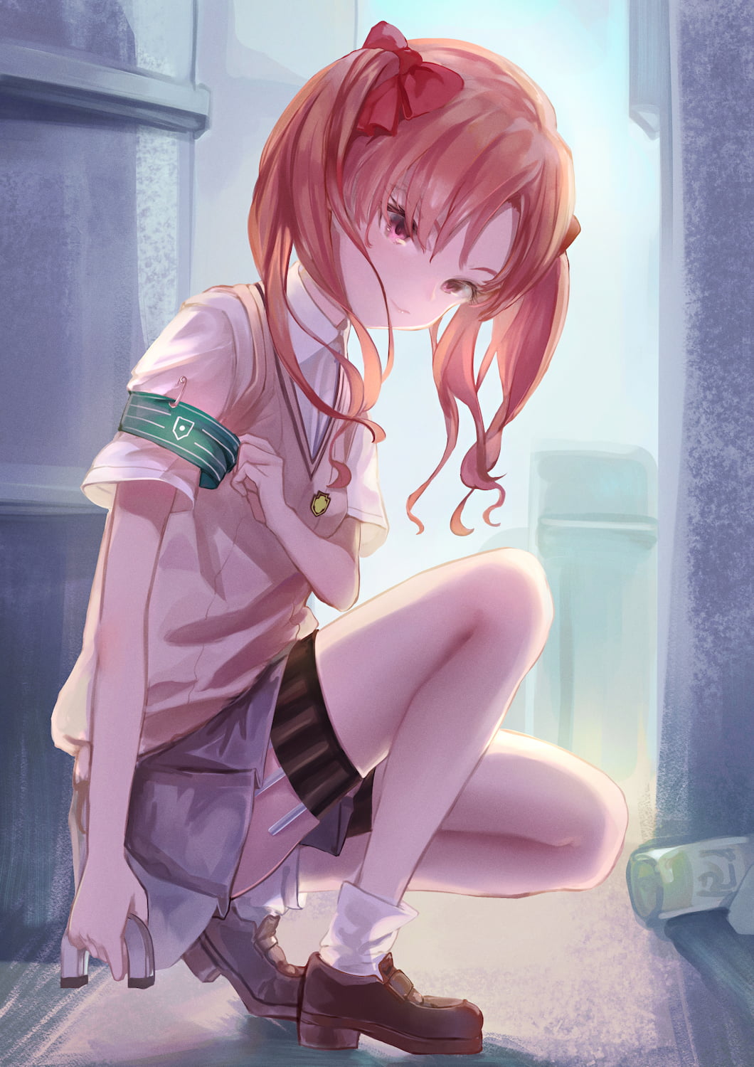 1girl alley ankle_socks armband bow brown_eyes brown_hair brown_shoes brown_sweater_vest collared_shirt commentary flat_chest full_body grey_skirt hair_bow highres holster loafers long_hair looking_at_viewer miniskirt needle pleated_skirt red_bow sayuumigi school_emblem school_uniform shirai_kuroko shirt shoes short_sleeves skirt socks solo squatting summer_uniform sweater_vest thigh_holster throwing_needles toaru_kagaku_no_railgun toaru_majutsu_no_index tokiwadai_school_uniform twintails white_shirt white_socks