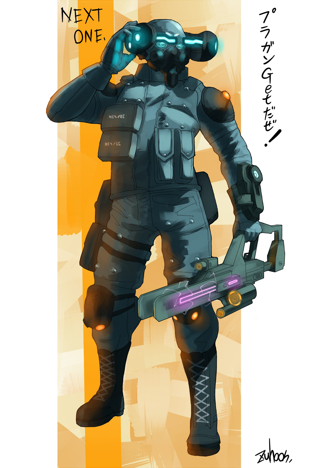 1boy armor boots bracelet capcom energy_gun gloves highres jewelry laser_rifle lost_planet military military_uniform nevec science_fiction shoulder_armor soldier solo weapon zuhoon
