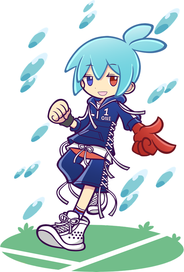 1boy :d alternate_costume antenna_hair asymmetrical_arms blue_eyes blue_hair blue_hoodie clenched_hand cross-laced_clothes cross-laced_shorts cross-laced_top deformed dot_nose double-parted_bangs drawstring faux_figurine full_body hand_up happy heterochromia hood hood_down hoodie jitome kawamochi_(mocchii) knee_up l_hand male_focus multicolored_socks official_style open_mouth oversized_limbs puyopuyo puyopuyo_20th_anniversary red_eyes shoes shorts sig_(puyopuyo) smile sneakers socks solo standing standing_on_one_leg striped_clothes striped_socks transparent_background water_drop white_shoes wristband