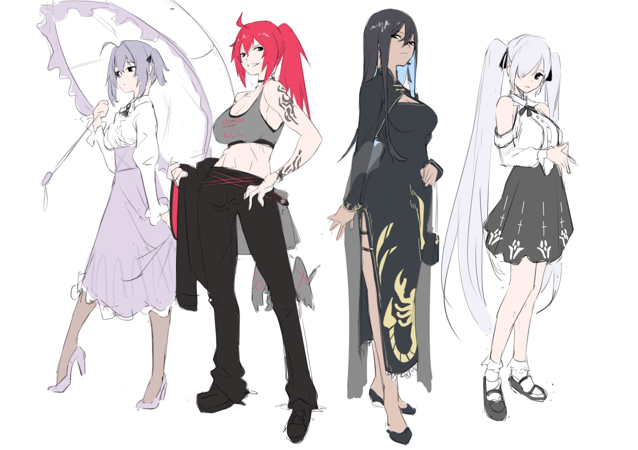 4girls ahoge arm_tattoo black_dress black_hair black_pants black_skirt blue_hair breasts casual china_dress chinese_clothes cinderella_(nikke) cleavage cleavage_cutout clothing_cutout colored_inner_hair crop_top dark-skinned_female dark_skin dress dress_shirt full_body fune_(fune83ojj) goddess_of_victory:_nikke grin high-waist_skirt highres indivilia_(nikke) large_breasts liberalio_(nikke) long_hair long_skirt multicolored_hair multiple_girls nihilister_(nikke) pants pantyhose ponytail purple_hair purple_skirt red_hair shirt short_hair simple_background skirt smile socks tattoo umbrella very_long_hair white_background white_hair