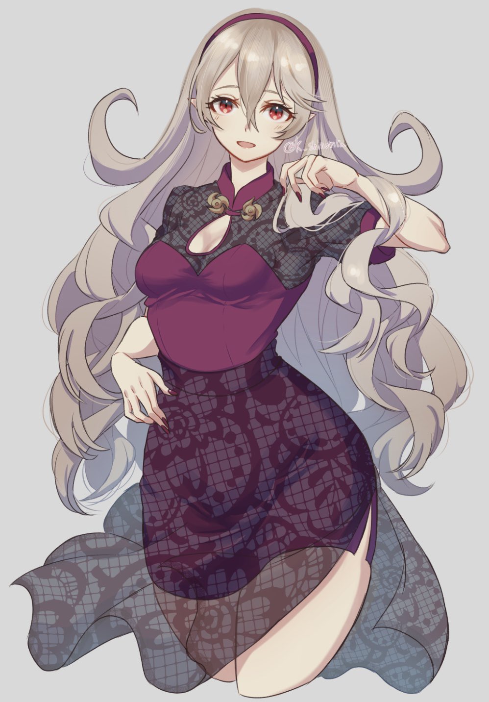 1girl alternate_costume breasts cleavage corrin_(female)_(fire_emblem) dress fire_emblem fire_emblem_fates hair_between_eyes hairband headband highres karashino long_hair looking_at_viewer nail_polish nintendo open_mouth pointy_ears red_eyes red_nails see-through_clothes simple_background smile solo thick_thighs thighs wavy_hair white_hair wide_hips