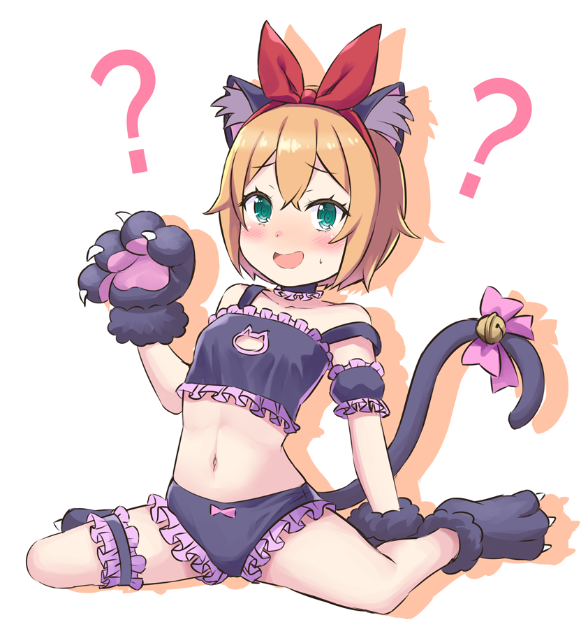 1girl ? @_@ animal_ear_fluff animal_ears animal_hands bell blush bow bow_panties bra cat_cutout cat_ears cat_lingerie cat_tail claws cleavage_cutout clothing_cutout commentary_request cosplay embarrassed fake_animal_ears fake_claws fake_tail frilled_bra frilled_garter frilled_panties frilled_thigh_strap frills gloves green_eyes hair_between_eyes hair_bow headband jingle_bell looking_at_viewer medium_hair meme_attire onii-chan_wa_oshimai! open_mouth orange_hair oyama_mahiro oyama_mahiro_(cosplay) panties paw_gloves paw_socks petra_leyte pink_bow purple_panties re:zero_kara_hajimeru_isekai_seikatsu red_bow red_headband s_(hdru2332) shadow solo stomach sweatdrop tail tail_bell tail_bow tail_ornament thigh_strap underwear white_background