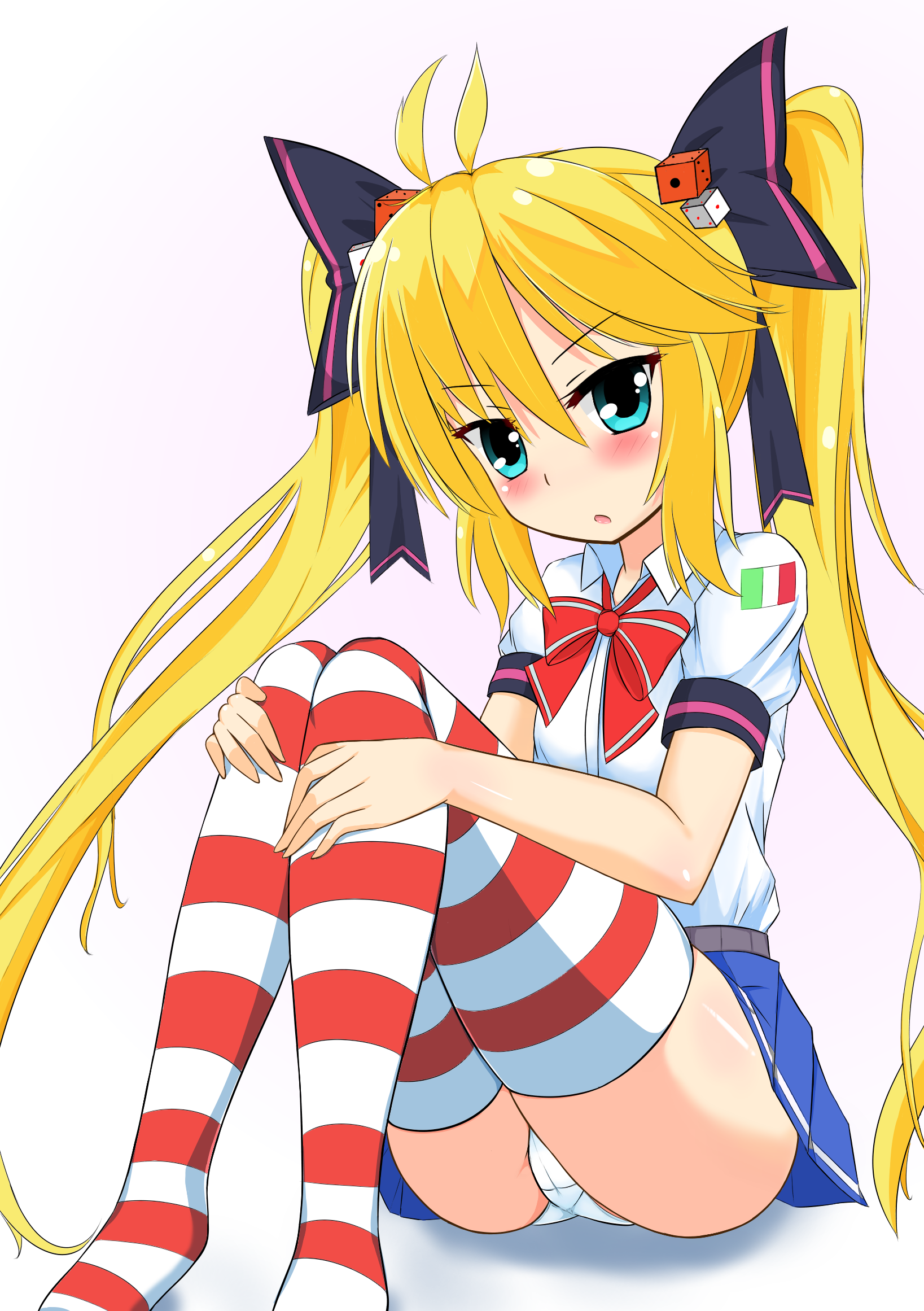 ahoge amyuchan123 andrea_doria_(warship_girls_r) blonde_hair blue_eyes blush dice_hair_ornament hair_ornament hair_ribbon highres italian_flag long_hair panties pantyshot ribbon sitting solo striped_clothes striped_thighhighs thighhighs twintails underwear warship_girls_r white_background