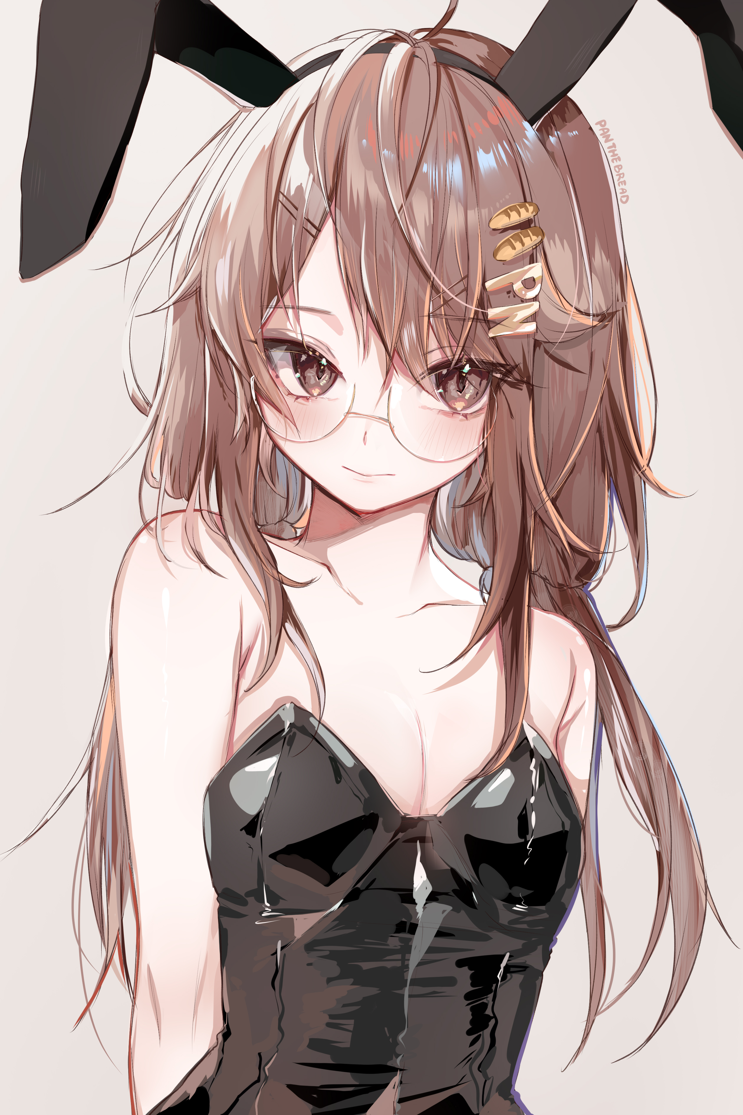 1girl absurdres animal_ears artist_name bare_shoulders black_leotard bread_hair_ornament breasts brown_hair cleavage closed_mouth collarbone fake_animal_ears food-themed_hair_ornament glasses hair_ornament highres indie_virtual_youtuber leotard letter_hair_ornament long_hair panthebread panthebread_(vtuber) playboy_bunny rabbit_ears semi-rimless_eyewear small_breasts solo strapless strapless_leotard upper_body virtual_youtuber