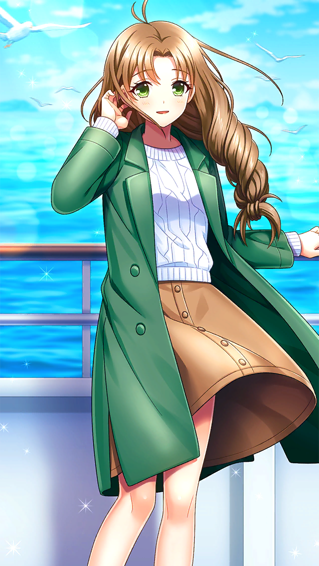 1girl adjusting_hair antenna_hair bird braid braided_ponytail brown_hair brown_skirt coat day doukyuusei_(series) doukyuusei_2 doukyuusei_another_world floating_hair game_cg green_coat green_eyes long_hair long_sleeves medium_skirt ocean official_art open_clothes open_coat open_mouth outdoors single_braid skirt solo sugimoto_sakurako sunlight sweater white_sweater wind wind_lift