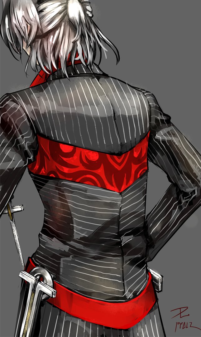 1boy antonio_salieri_(fate) antonio_salieri_(second_ascension)_(fate) commentary_request dagger fate/grand_order fate_(series) formal_clothes from_behind grey_background half_updo knife male_focus pfalz signature silver_hair simple_background solo suit weapon