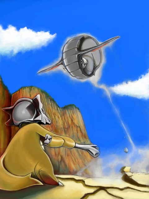 battle bone cliff creature day desert donphan gen_1_pokemon gen_2_pokemon jumping marowak nintendo no_humans pokemon pokemon_(creature) sand sky tegaki
