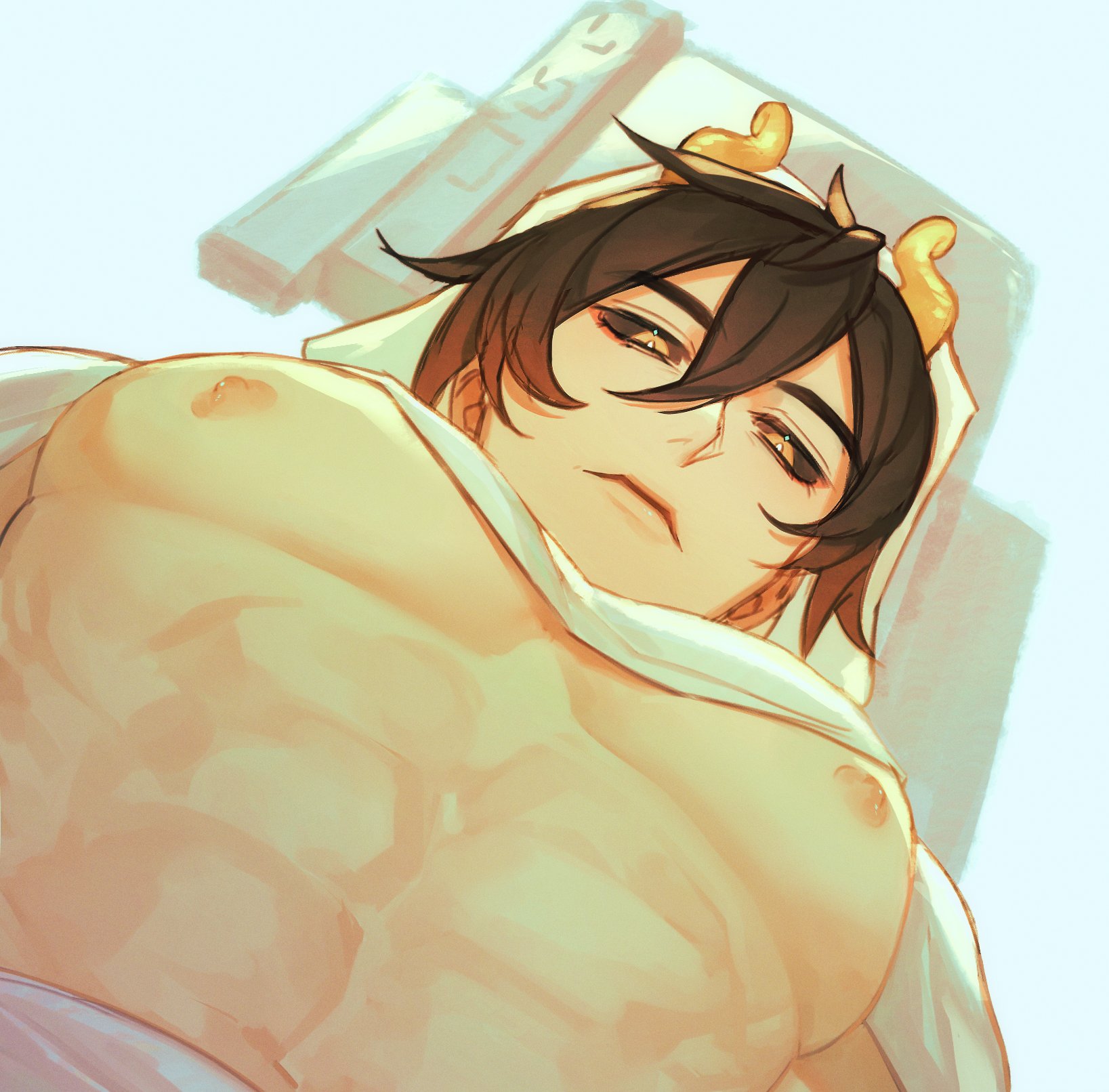 1boy abs bara black_sclera brown_hair clothes_lift colored_sclera commentary dragon dragon_boy enesfwee english_commentary from_below genshin_impact hair_between_eyes highres hood hood_up horns huge_pectorals looking_at_viewer looking_down male_focus meme nipples pectorals shirt_lift simple_background solo upper_body white_background yellow_eyes yellow_horns pec_pov_(meme) zhongli_(genshin_impact)
