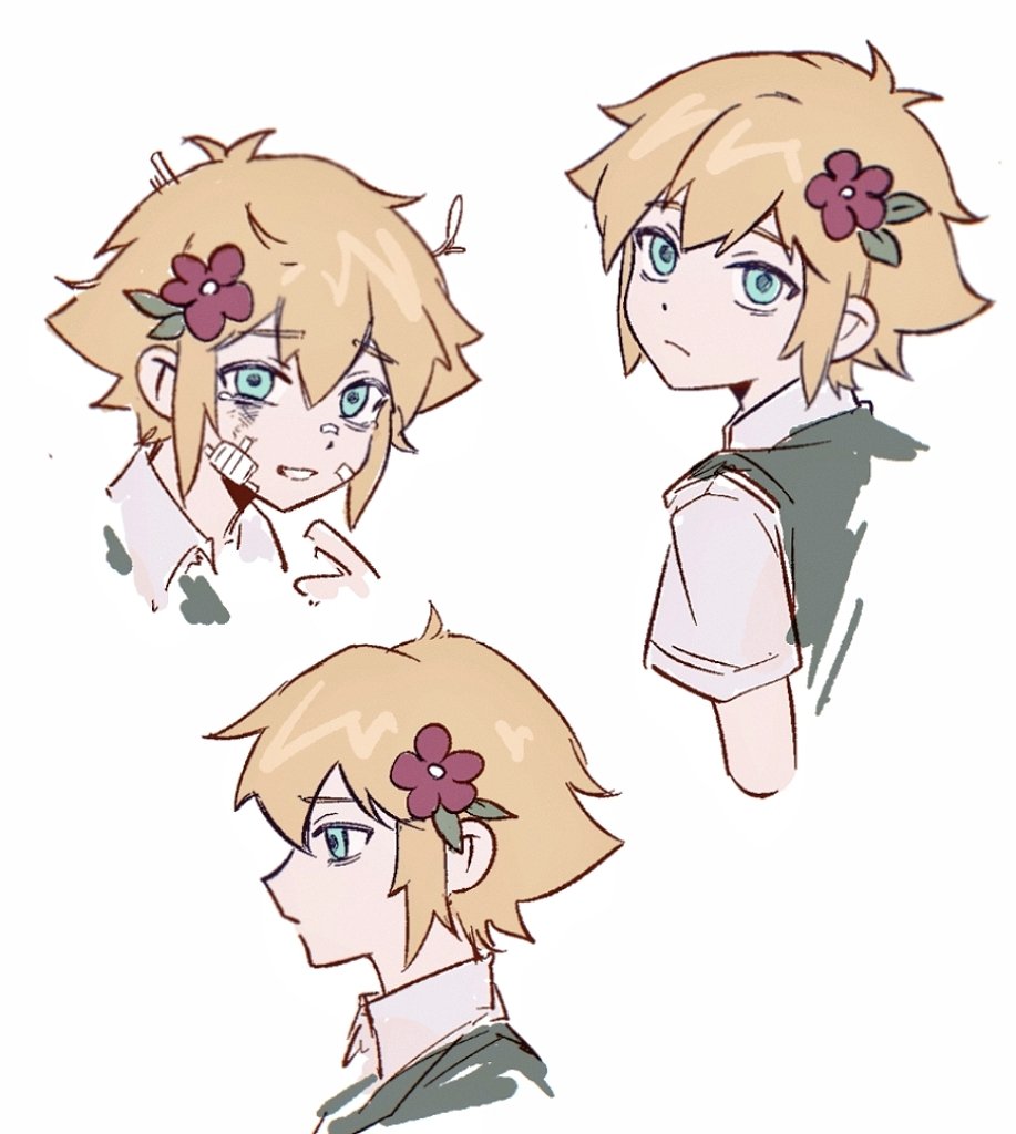 1boy bandaid bandaid_on_cheek bandaid_on_face bandaid_on_nose basil_(faraway)_(omori) basil_(omori) blonde_hair collared_shirt flower green_sweater_vest hair_behind_ear hair_flower hair_ornament looking_at_viewer male_focus niu_tata omori shirt short_sleeves sweater_vest white_shirt