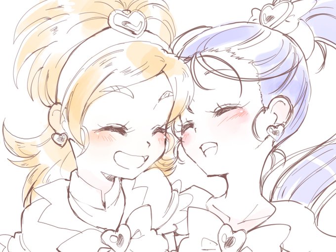 2girls azuma_yukihiko blush brooch commentary_request cure_bloom cure_egret dress earrings eyelashes closed_eyes futari_wa_precure_splash_star hair_ornament hair_ribbon hairband half_updo happy heart heart_brooch heart_earrings heart_hair_ornament hyuuga_saki jewelry long_hair looking_at_another magical_girl mishou_mai multiple_girls open_mouth orange_hair ponytail precure purple_hair ribbon simple_background sketch smile white_background
