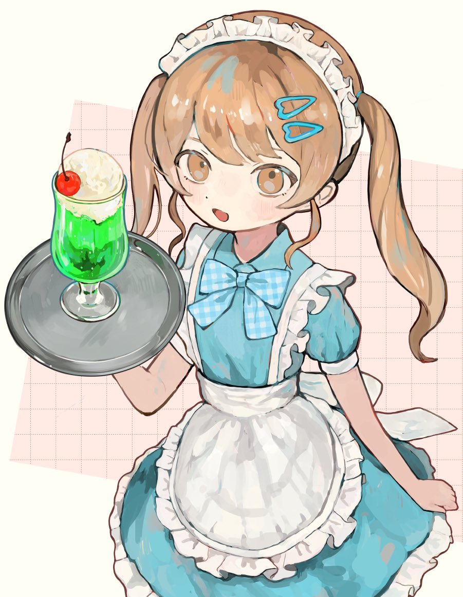 1girl apron blue_bow blue_bowtie blue_dress bow bowtie brown_eyes brown_hair cherry dress food frilled_apron frilled_dress frills fruit gingham_bow hair_ornament hairclip hashtag-only_commentary holding holding_tray ice_cream ice_cream_float looking_at_viewer maid maid_apron maid_headdress open_mouth original s1ho_(ukiy0u0) short_sleeves solo tray twintails waist_apron white_apron