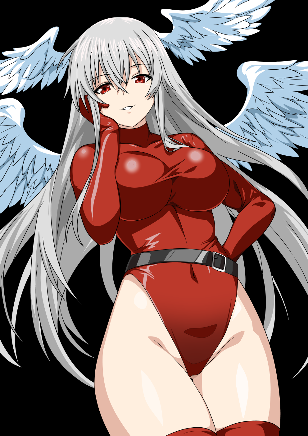 1girl angel angel_wings belt black_background black_belt blonde_hair breasts commentary_request final_fantasy final_fantasy_tactics gloved_sleeves grey_hair hand_on_own_cheek hand_on_own_face hand_on_own_hip head_wings highres large_breasts leotard long_hair looking_at_viewer red_eyes red_leotard red_thighhighs sidelocks simple_background sleeved_leotard smile solo thighhighs ultima_(fft) very_long_hair wings yuuyuu_(3jjbn)