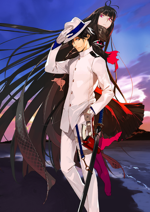 1boy 1girl arms_behind_back beach black_eyes black_hair black_scarf black_serafuku black_shirt black_skirt blue_ribbon blunt_bangs blunt_ends buttons closed_mouth expressionless fate/grand_order fate_(series) fedora feet_out_of_frame floating floating_hair gloves gun hand_in_pocket hand_on_headwear handgun hat hat_ribbon high_collar holstered jacket katana long_hair long_skirt long_sleeves looking_at_viewer low_ponytail male_focus midair military_jacket neckerchief no_shoes official_art oryou_(fate) own_hands_together pako_(pakosun) pants pantyhose pink_eyes pink_neckerchief pink_pantyhose pleated_skirt ponytail print_scarf ribbon sakamoto_ryouma_(fate) scarf school_uniform serafuku sheath sheathed shirt shoulder_boards skirt snake_print sword third-party_source very_long_hair weapon white_gloves white_hat white_jacket white_pants
