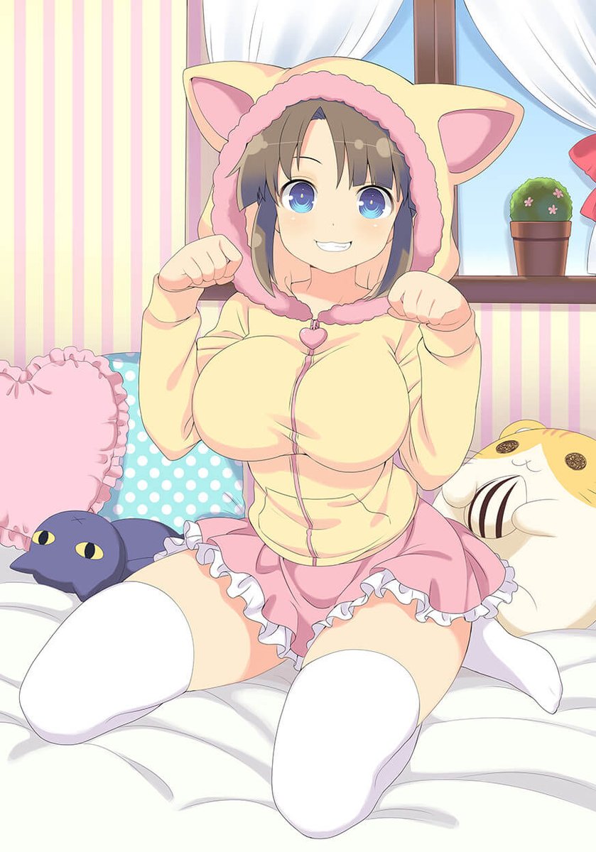 1girl :3 animal_hood blue_eyes blush breasts brown_hair commentary curtains english_commentary frilled_pillow frilled_skirt frills fur_trim grin hamster heart heart-shaped_pillow highres hood hooded_jacket jacket large_breasts looking_at_viewer miniskirt minori_(senran_kagura) official_art on_bed paw_pose pillow pink_skirt plant polka_dot potted_plant senran_kagura senran_kagura_new_wave senran_kagura_shinovi_versus sitting skirt smile solo stuffed_animal stuffed_cat stuffed_hamster stuffed_toy teeth thighhighs wallpaper_(object) wariza white_thighhighs window windowsill yaegashi_nan yellow_jacket