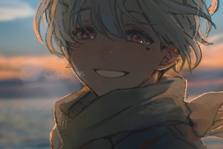1boy 43_pon bad_id bad_twitter_id blonde_hair blurry blurry_background breath commentary_request hair_between_eyes hanazono_momohito idolmaster idolmaster_side-m idolmaster_side-m_growing_stars looking_at_viewer male_focus mole mole_under_eye open_mouth outdoors pink_eyes scarf short_hair smile solo twitter_username upper_body wind yellow_scarf