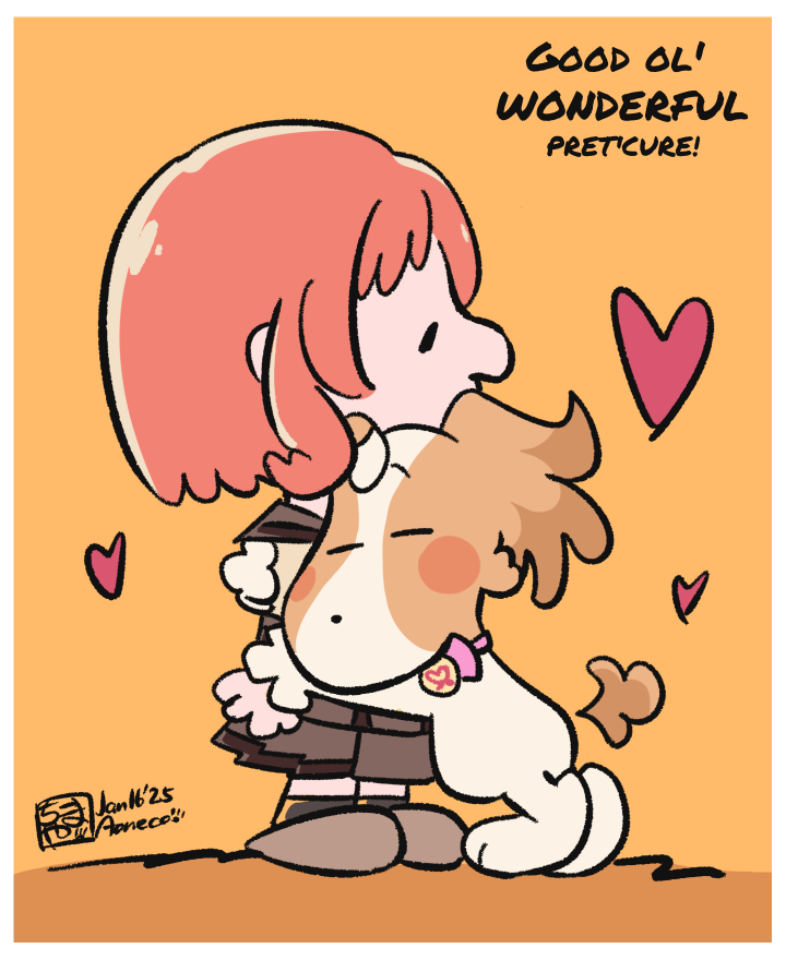 2girls aoneco artist_logo artist_name black_socks blush_stickers bowtie brown_cardigan brown_footwear brown_skirt cardigan charles_schulz_(style) closed_eyes copyright_name dated dog heart hug inukai_iroha inukai_komugi inukai_komugi_(dog) logo medium_hair multiple_girls peanuts_(comic) pink_bow pink_bowtie pink_hair pleated_skirt precure school_uniform second_wangan_school_uniform shirt shoes skirt socks wonderful_precure! yellow_shirt