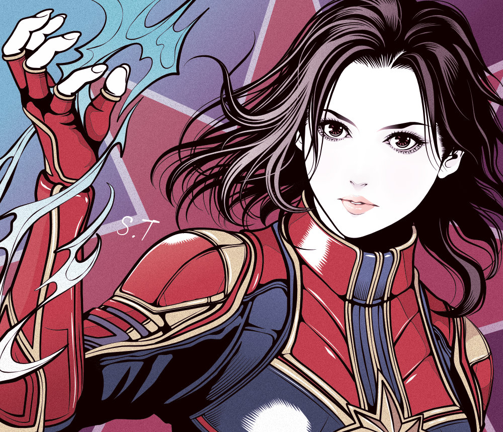 1girl black_hair blue_bodysuit bodysuit captain_marvel casting_spell commentary_request eyelashes fingerless_gloves fingernails gloves gradient_background hand_up limited_palette looking_to_the_side marvel medium_hair pale_skin parted_lips red_bodysuit red_eyes red_gloves signature solo spot_color takanashi_shin two-tone_bodysuit upper_body