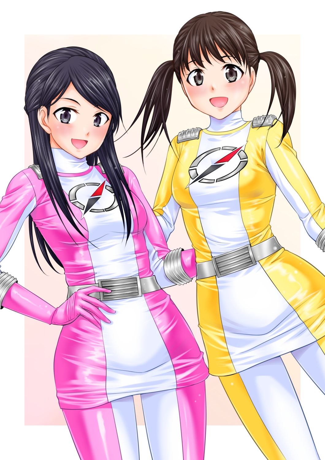 2girls abe_tsukumo black_hair bodysuit bodysuits brown_eyes brown_hair gogo_sentai_boukenger grey_eyes highres mamiya_natsuki multiple_girls nishihori_sakura no_headwear super_sentai