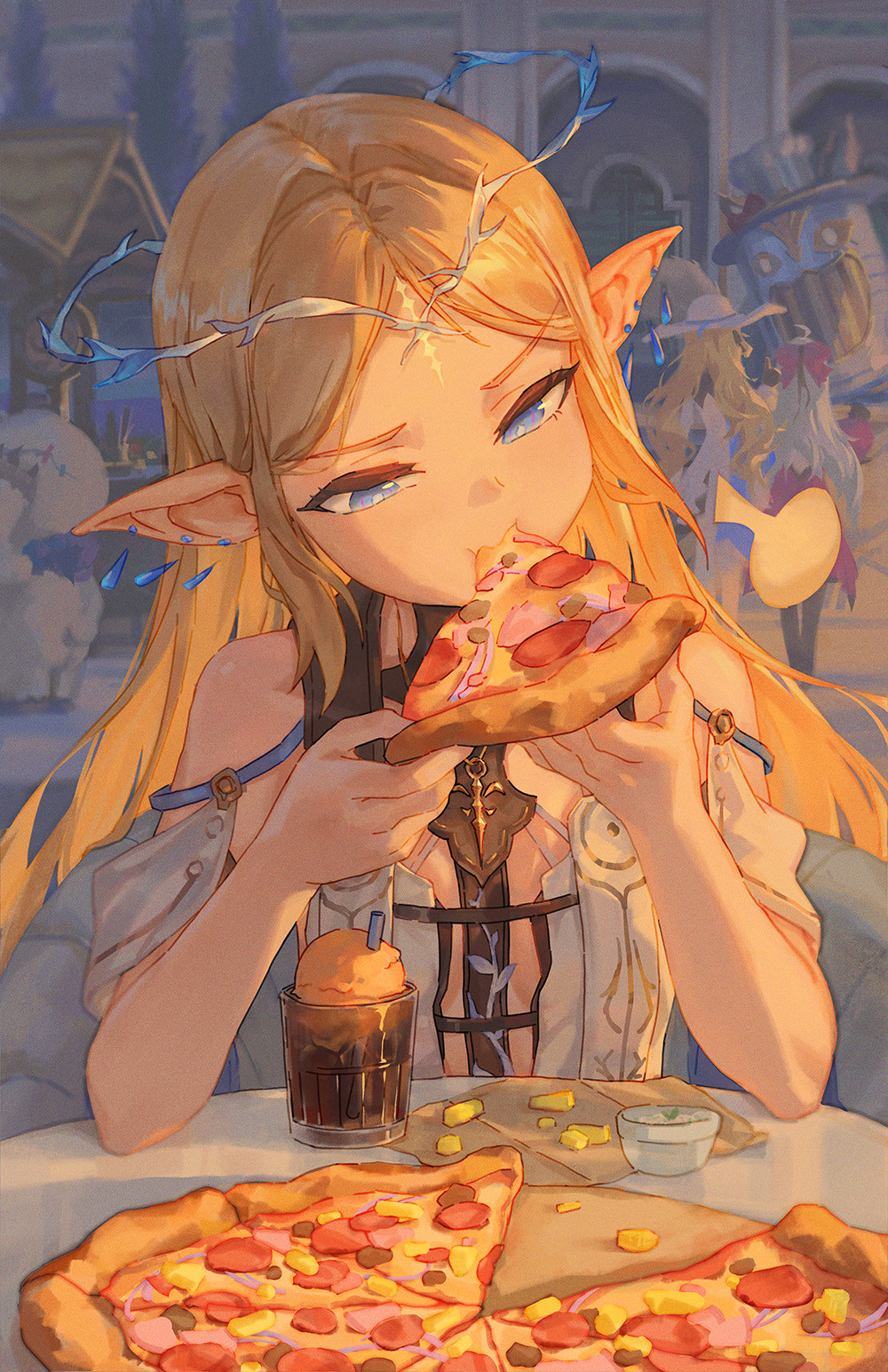 3girls bare_shoulders blue_eyes breasts carlotta_(wuthering_waves) cartethyia_(wuthering_waves) commentary crown_of_thorns earrings eating english_commentary food fruit hawaiian_pizza highres holding holding_food holding_pizza ice_cream ice_cream_float jewelry making-of_available multiple_girls paper_towel phoebe_(wuthering_waves) pineapple pineapple_on_pizza pineapple_slice pizza pointy_ears sauce small_breasts solo_focus tacet_mark_(wuthering_waves) wuthering_waves zheng_jian