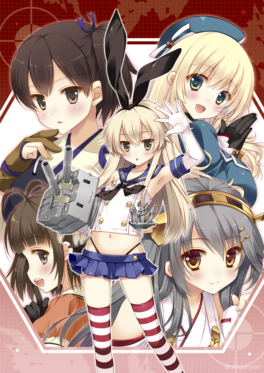 5girls :d anchor anchor_hair_ornament antenna_hair atago_(kancolle) bare_shoulders black_gloves black_hair black_panties blonde_hair blush breasts brown_eyes brown_hair commentary_request crop_top detached_sleeves double_bun elbow_gloves gloves green_eyes hair_bun hair_ornament hair_ribbon hair_tubes hairband haruna_(kancolle) hat highleg highleg_panties highres japanese_clothes kaga_(kancolle) kantai_collection large_breasts long_hair looking_at_viewer microskirt midriff military military_uniform multiple_girls muneate naka_(kancolle) navel nontraditional_miko open_mouth panties partially_fingerless_gloves partly_fingerless_gloves rensouhou-chan ribbon school_uniform serafuku shigunyan shimakaze_(kancolle) short_hair side_ponytail skirt smile striped_clothes striped_legwear striped_thighhighs thighhighs underwear white_gloves yugake zettai_ryouiki