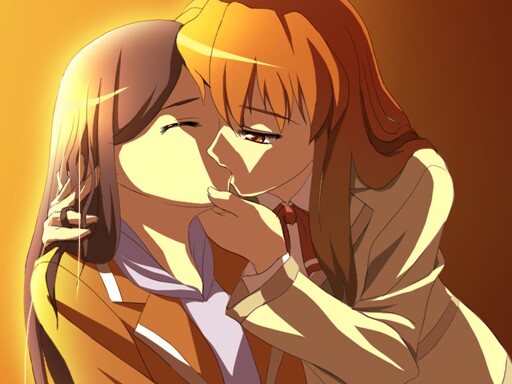 00s 2girls black_hair blazer brown_eyes brown_hair brown_jacket collared_shirt couple closed_eyes female_focus fujino_shizuru grabbing_another&#039;s_chin grabbing_another&#039;s_hair half-closed_eyes hand_on_another&#039;s_chin hood hoodie jacket kiss kuga_natsuki long_hair long_sleeves multiple_girls my-hime sanshita school_uniform shirt simple_background sunlight sweater twilight upper_body white_shirt yuri