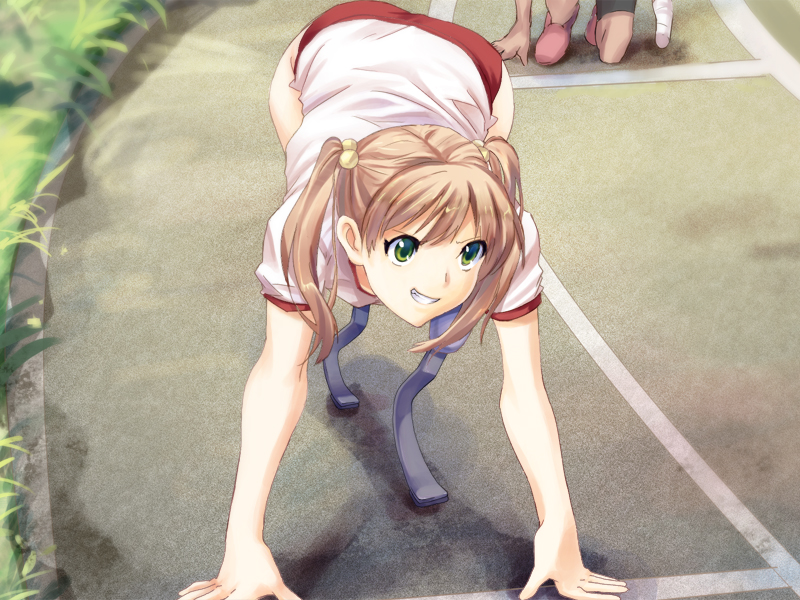 2girls amputee artist_request bandaged_arm bandages blonde_hair buruma double_amputee eyelashes game_cg grass green_eyes grin gym_shirt gym_uniform hand_on_ground hands_on_ground ibarazaki_emi katawa_shoujo legless_amputee long_hair miura_miki multiple_girls non-web_source official_art pink_shoes red_buruma running_blades shirt shoes short_sleeves smile teeth track_and_field twintails white_shirt